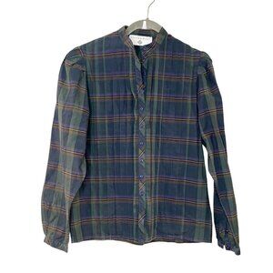 Eileen West Long Sleeve Plaid Button Down Shirt Pleated Pintuck Navy Green 4‎